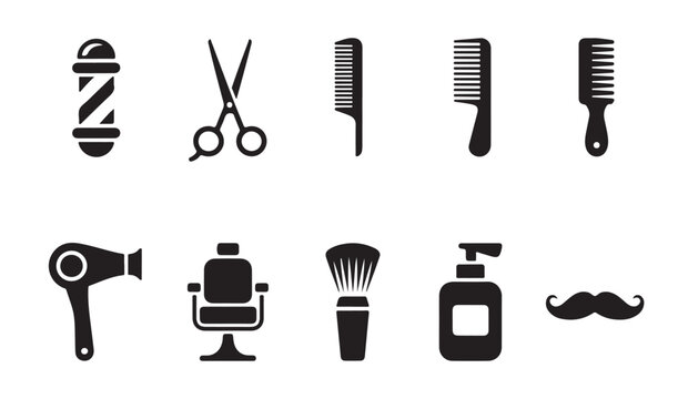 Barber shop icon set featuring hair styling tools salon equipment and grooming accessories.