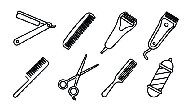 Set of professional barber tools with scissors combs razor and electric hair clippers set.