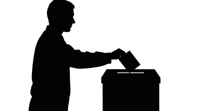 Silhouette of a man casting a ballot into a box with man putting paper black silhouette background democracy election politics voting symbol