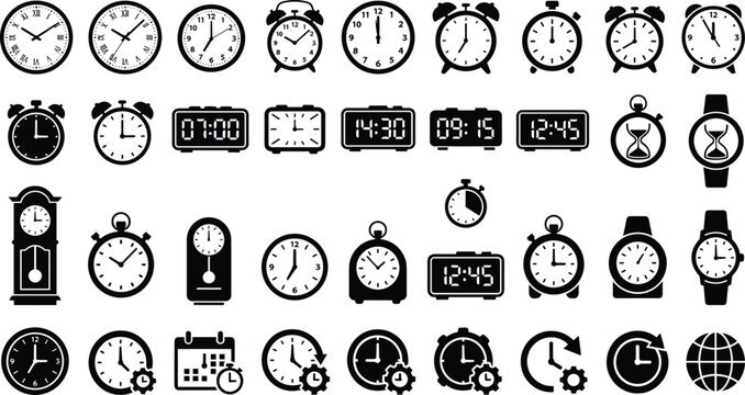 Clock and Time Management Silhouette Icons Collection with Analog and Digital Clocks