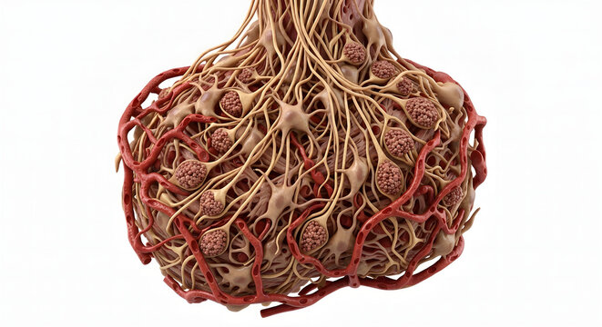 Scientific 3D Render of Posterior Pituitary Gland Tissue: Neurohypophysis Anatomy with Herring Bodies and Capillaries Isolated on White