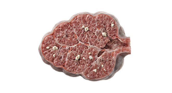 Microscopic 3D Cross-Section of Pineal Gland Tissue with Calcifications Isolated on White Background