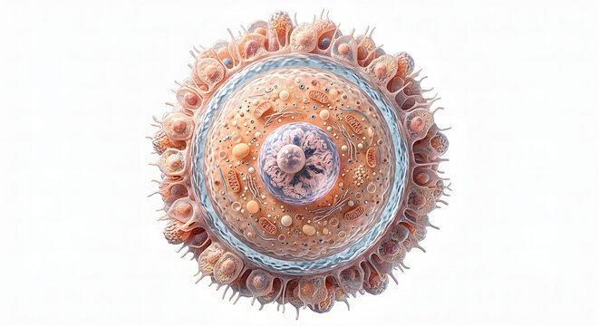 Hyper-Realistic 3D Render of Human Ovum Anatomy: Detailed Egg Cell Cross-Section Isolated on White
