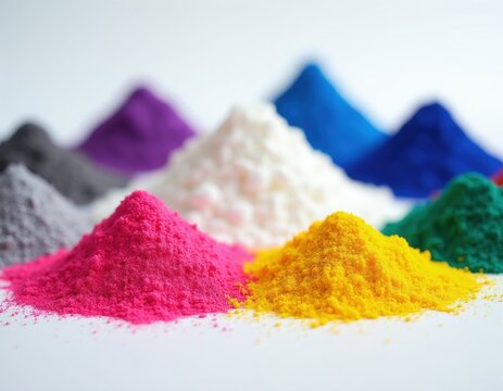 Various colored masterbatch granules piles on white background. Different vibrant pigment powders for plastic industry products. Material particles used as polymer colorant in manufacturing