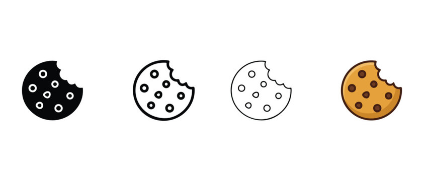 bitten chocolate chip cookies icons on white background  cookie designs with various colors and patterns