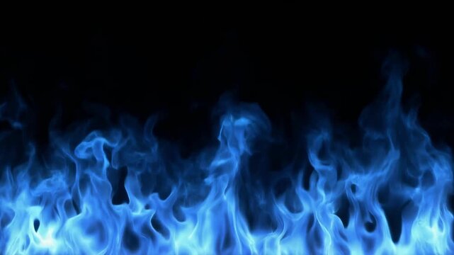 Blue fire flames border with copy space in the middle during darkness
