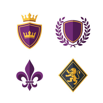 Set of four heraldic emblems featuring shields crowns fleur de lis and lion.