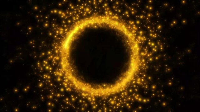 Luxury glowing gold particles circle moving smoothly on glitter star line animation, cartoon doodle sparkles, abstract magical golden glitter ring border overlay on black screen. 4k video