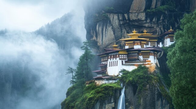 Misty mountain monastery clinging to cliffside, waterfall cascading down.