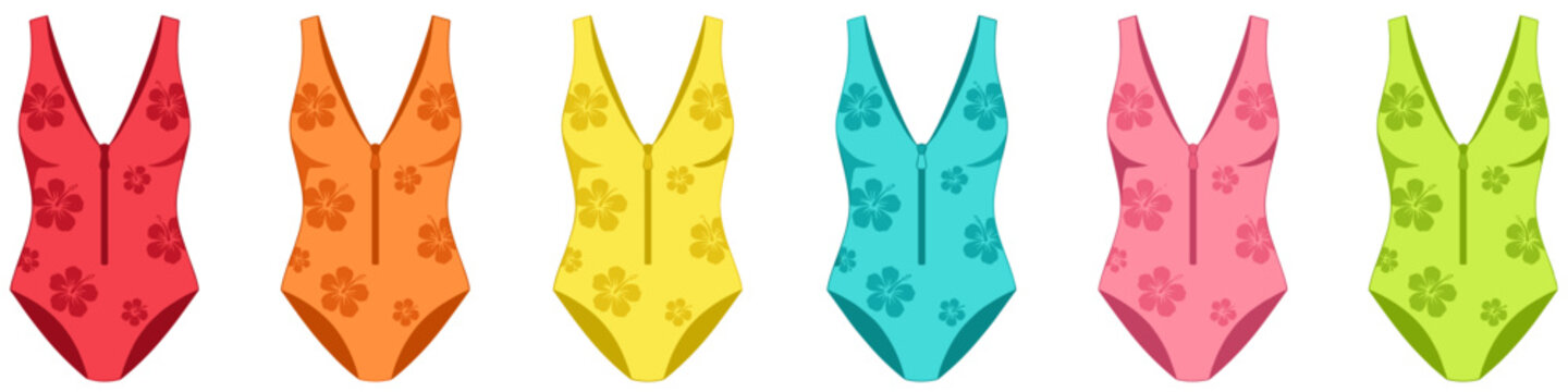 Set of tropical one piece swimsuits with hibiscus floral pattern. Vector illustration on transparent background