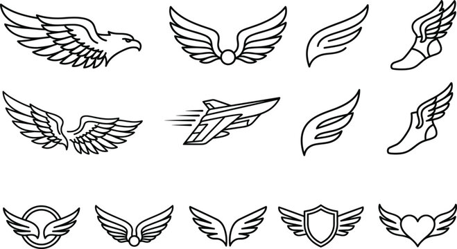 Wings and aviation heraldry icon set with eagle wings flying foot shield heart and airplane outline vector