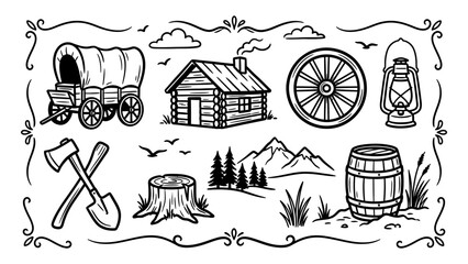 Wild West and pioneer life vector line art illustrations set featuring covered wagon log cabin wagon wheel lantern axe shovel and barrel © Artastic