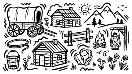 Naklejka premium Wild West and pioneer life doodle vector set with covered wagon log cabin campfire and lantern icons for rustic design