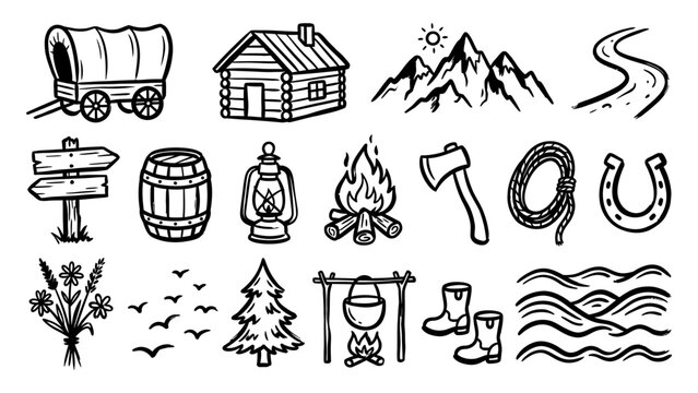 Rustic outdoor adventure and wild west hand drawn vector icon set featuring log cabin campfire wagon and mountain elements