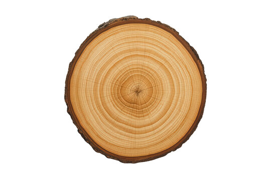 Tree trunk cross-section showing annual growth rings and texture on transparent background