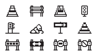 Road objects black glyph icons set, construction, traffic control and street elements. © RANA