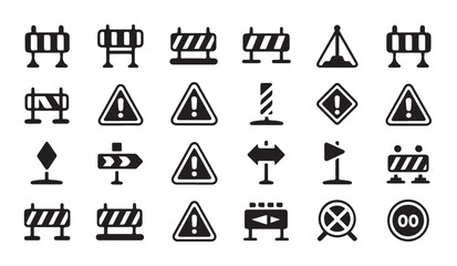 Fototapeta premium Set of vector construction site safety icons and road barrier signs for industrial design.