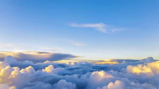 Panoramic aerial cloudscape with golden light over layered cumulus and stratocumulus, soft cirrus wisps, broad blue sky, airy texture, serene dawn atmosphere, with cloud, sky, cumulus, stratocumulus