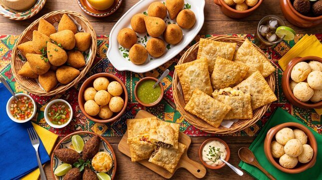 Brazilian Appetizers Assortment Coxinha Pastel Queijo Coalho and Bolinho de Queijo