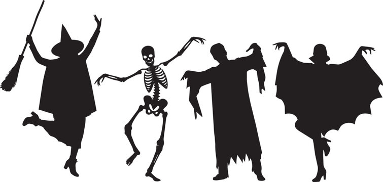 Halloween Characters Silhouettes Dancing Witch Skeleton Vampire and Monster Isolated on White

Silhouettes of four Halloween characters in dynamic dancing poses