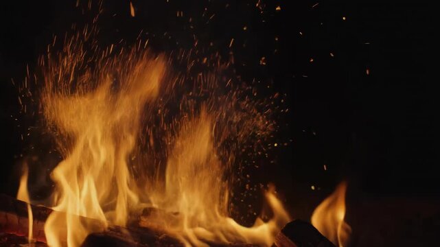 Dynamic bonfire flames dancing with glowing embers in a dark night setting providing abstract visual warmth and energy