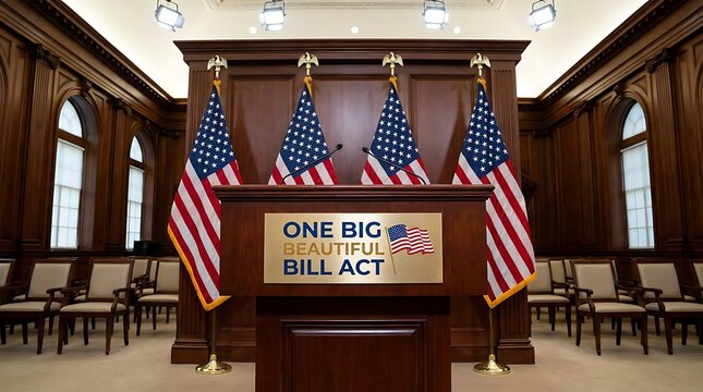 Ornate government room with podium American flags and chairs for one big beautiful bill act signing ceremony.