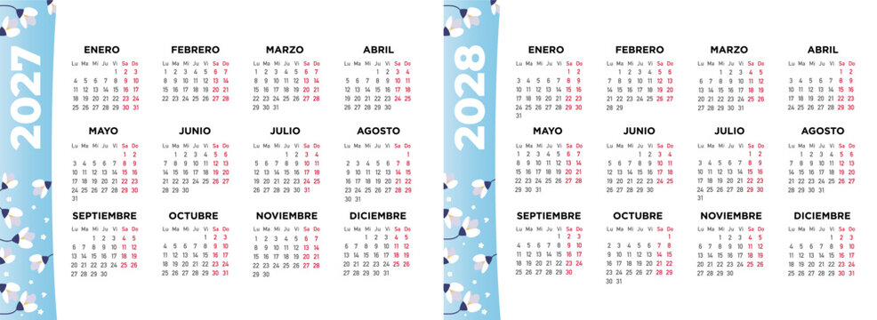 calendario 2027 y 2028 con dise&ntilde;o de flores