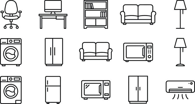 Home furniture and appliances icon set with sofa chair desk refrigerator washing machine microwave outline vector