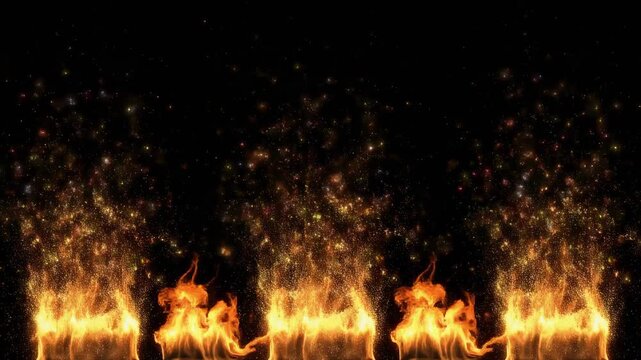 Dynamic fire bursts with glowing embers and sparks against a dark background in cinematic motion