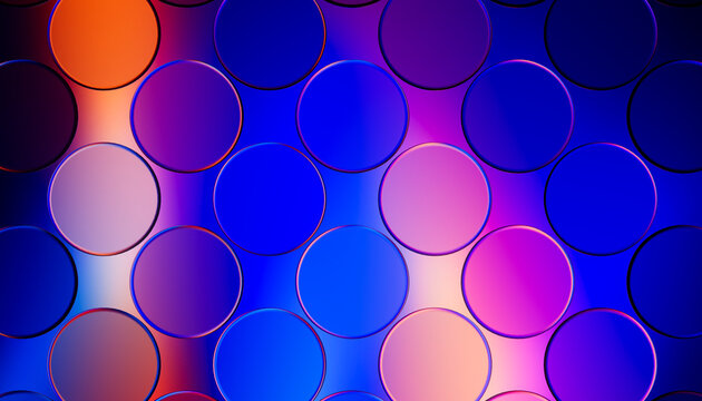 3D neon glass disc pattern mixes cobalt, coral, and violet light.