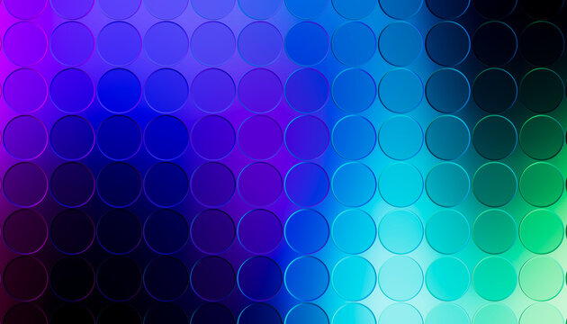 3D cyan glass circle grid blends violet and green light.