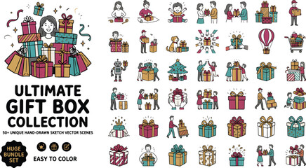 Fototapeta premium Ultimate Gift Box Collection, 50+ hand-drawn vector scenes, diverse people exchanging presents, festive holiday celebration illustrations