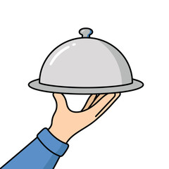 Fototapeta premium Hand holding silver dome food cover cartoon illustration