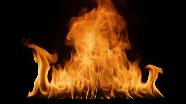 Dynamic fire flames burning intensely in darkness with subtle wisps of smoke creating a dramatic visual element