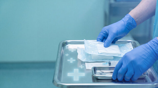 Gloved hands preparing sterile medical supplies on clinical tray with teal copy space for healthcare preparation