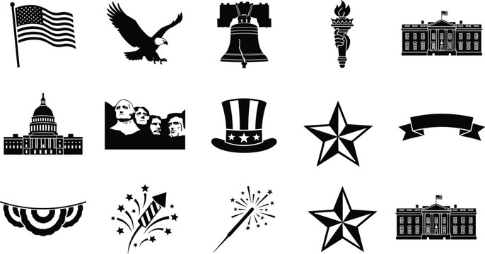 American Patriotic Silhouette Icon Set Featuring USA Flag White House Capitol Mount Rushmore Liberty Bell Torch and Fireworks Symbols