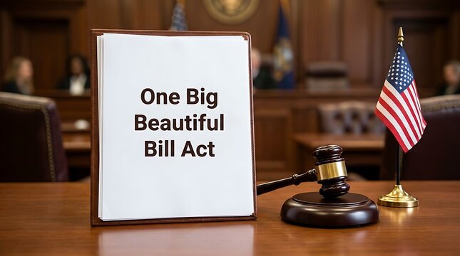 One big beautiful bill act written on paper with wooden gavel and united states flag on courtroom desk symbolizing legislative process and government legal justice system decision.
