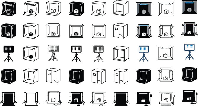 Photo Light Box Icon Set Featuring Studio Lightboxes LED Panels Backdrops and Portable Product Photography Equipment Symbols for Designers