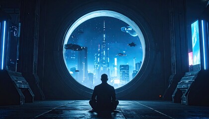 Fototapeta premium Man meditating facing circular window with view of future city.
