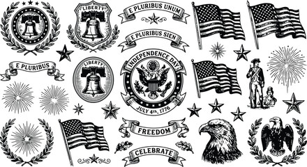 American patriotic symbols and flags with festive fireworks and eagles in a vintage etched style © Ishtiaq