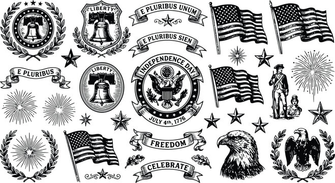 American patriotic symbols and flags with festive fireworks and eagles in a vintage etched style