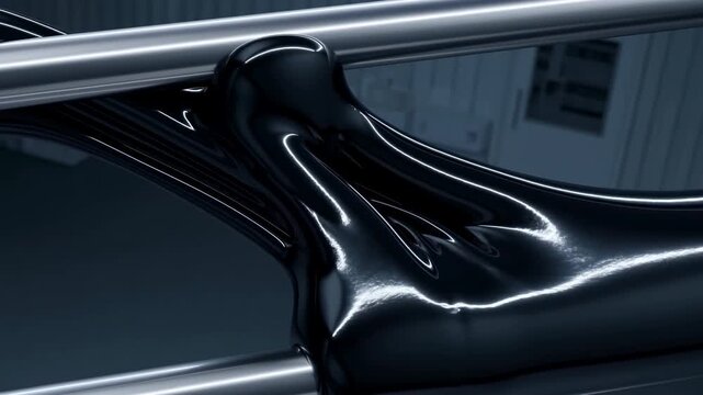 Glossy black membrane stretching across parallel polished metal rods with rounded bulge, flowing folds and cool studio reflections in dramatic close-up interior scene