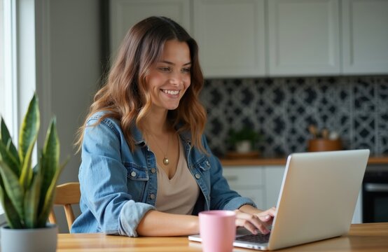 Young woman sits at kitchen table with laptop. Girl smiles typing on computer keyboard. Happy female student works from home remotely on notebook. Person studies online chats with friends. Morning