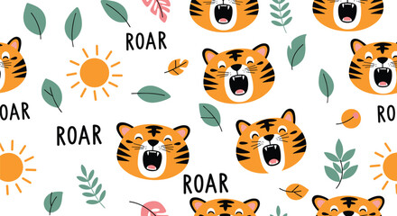 Obraz premium Seamless pattern for kids featuring roaring tiger heads golden suns and tropical leaves on a clean white background.