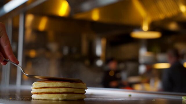 Chef lifting stacked golden pancakes with spatula on griddle in commercial kitchen