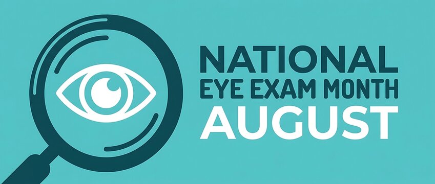 National eye exam month august annual observance featuring magnifying glass icon with human eyeball graphic symbol over teal background design for clinical health care awareness.
