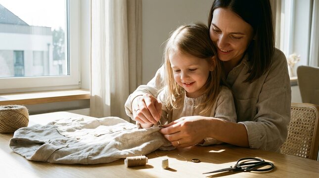 Mother Teaching Daughter Sewing, Warm Parent-Child Interaction