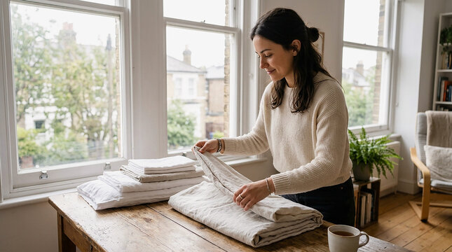 Woman folding white towels on wooden table in bright room with large window, person organizing fresh laundry near plant in cozy minimalist home interior