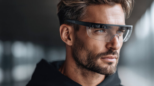 Man wearing smart glasses with internal circuit reflections, blending AI powered AR overlays and real time data for a hands free, digitally enhanced view of the urban world