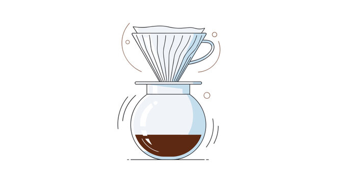 Manual pour-over coffee brewing method illustration showing a white ceramic dripper on top of a glass server with fresh coffee.